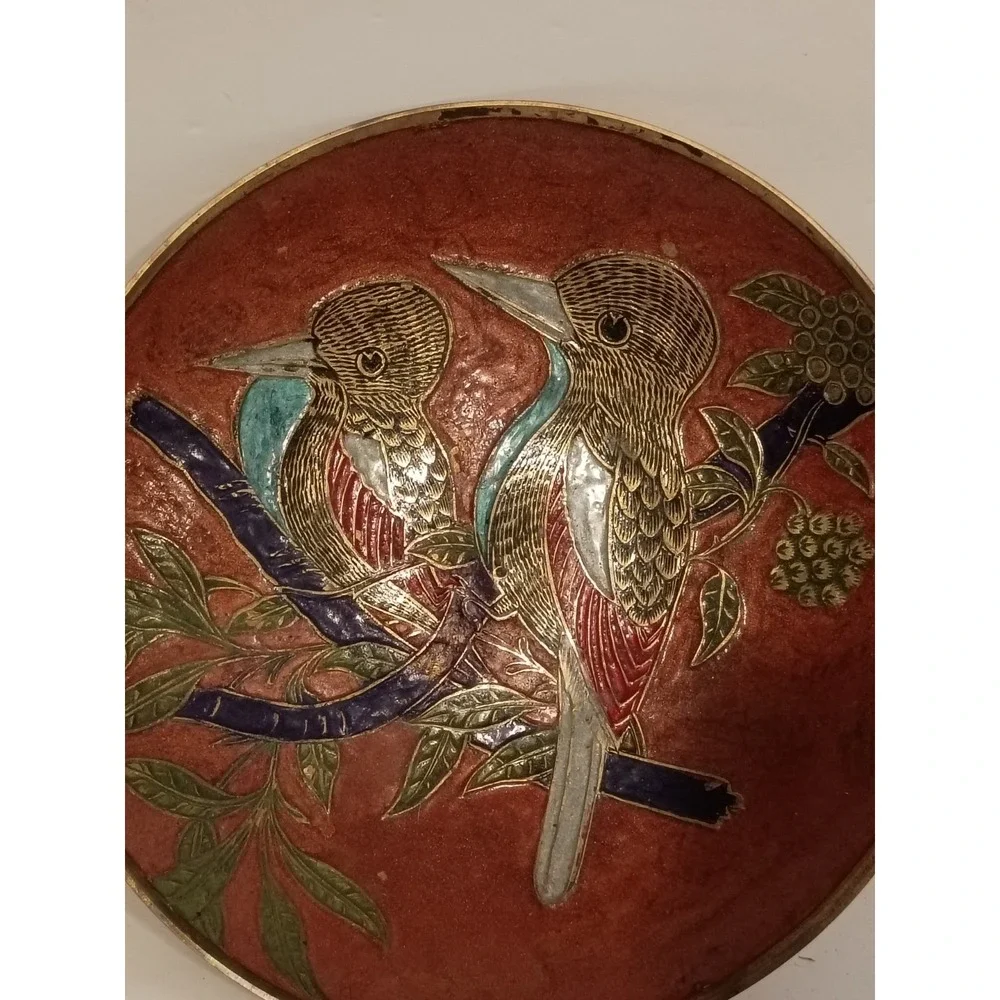 Enamel Birds Painted On‎ Brass Bowls Red Medium